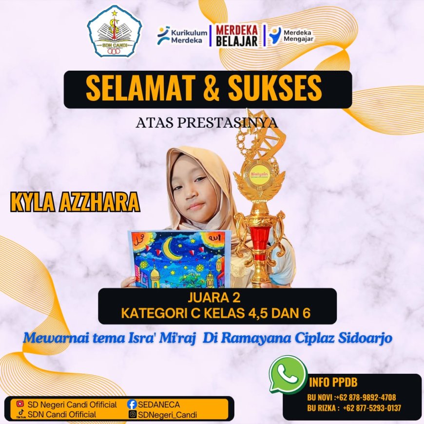 Kyla Azzhara Siswa SD Negeri Candi Raih Juara 2 Lomba Mewarnai Isra’ Mi’raj di Ramayana Ciplaz Sidoarjo